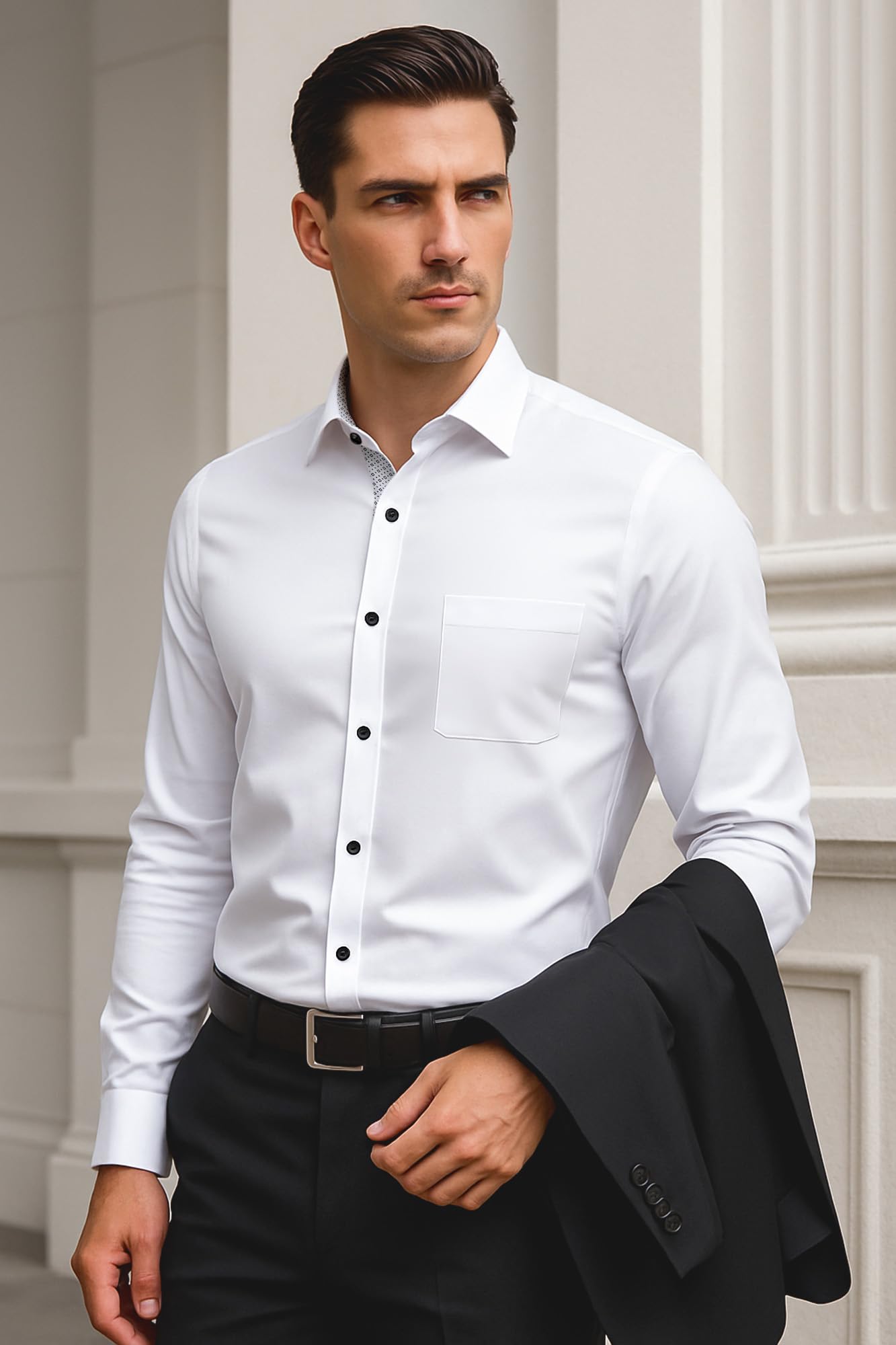 KOSMEEU Camicia Uomo Manica Lunga Shirts Collo Coreana Slim Fit Camicie Bianca Nero per Tempo Libero Facile da Lavare e Stirare Camice Uomo con Tasca
