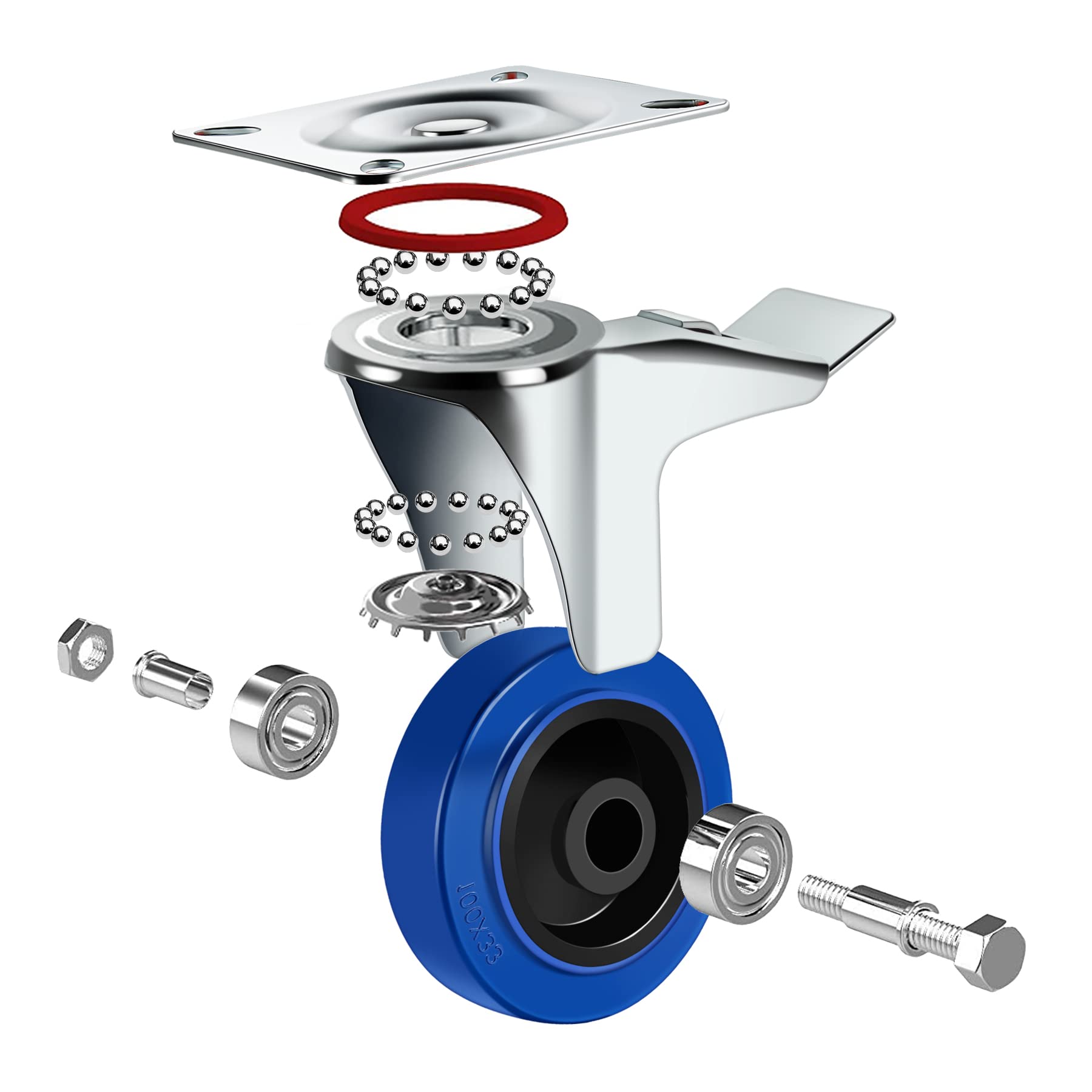 Forever Speed 4x Ruote per il Trasporto Industriale Ruote Pesanti Ruote Girevoli con Bloccaggio Totale Ruote Girevoli con Freni Gomma Elastica blu 125 mm Portata 300 kg Acciaio, Argento Zincato/Blu