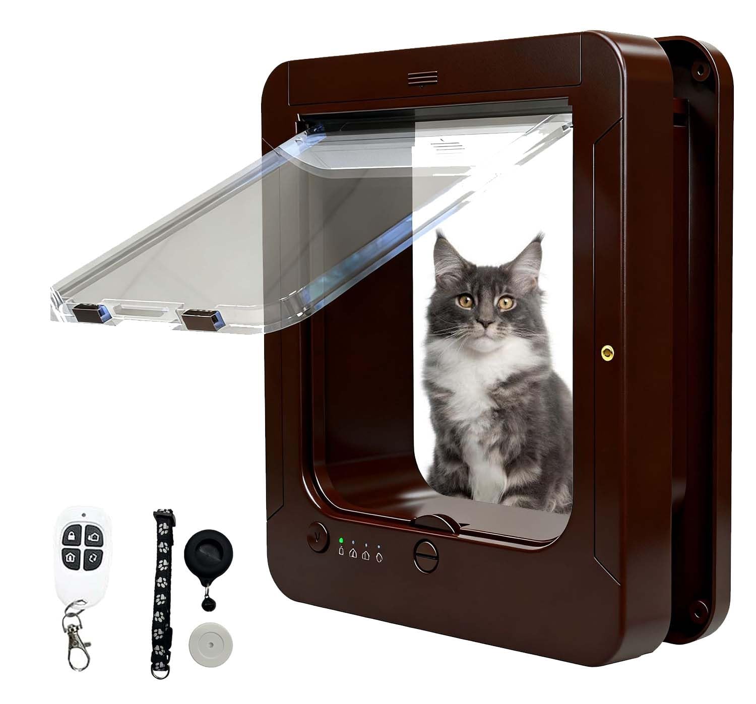 Smart Cat Door with Microchip and RFID, Electronic Pet Flap for Cats and Small Dogs, Weatherproof Exterior Door Access with 2 Sensor Collars and Remote Control,C