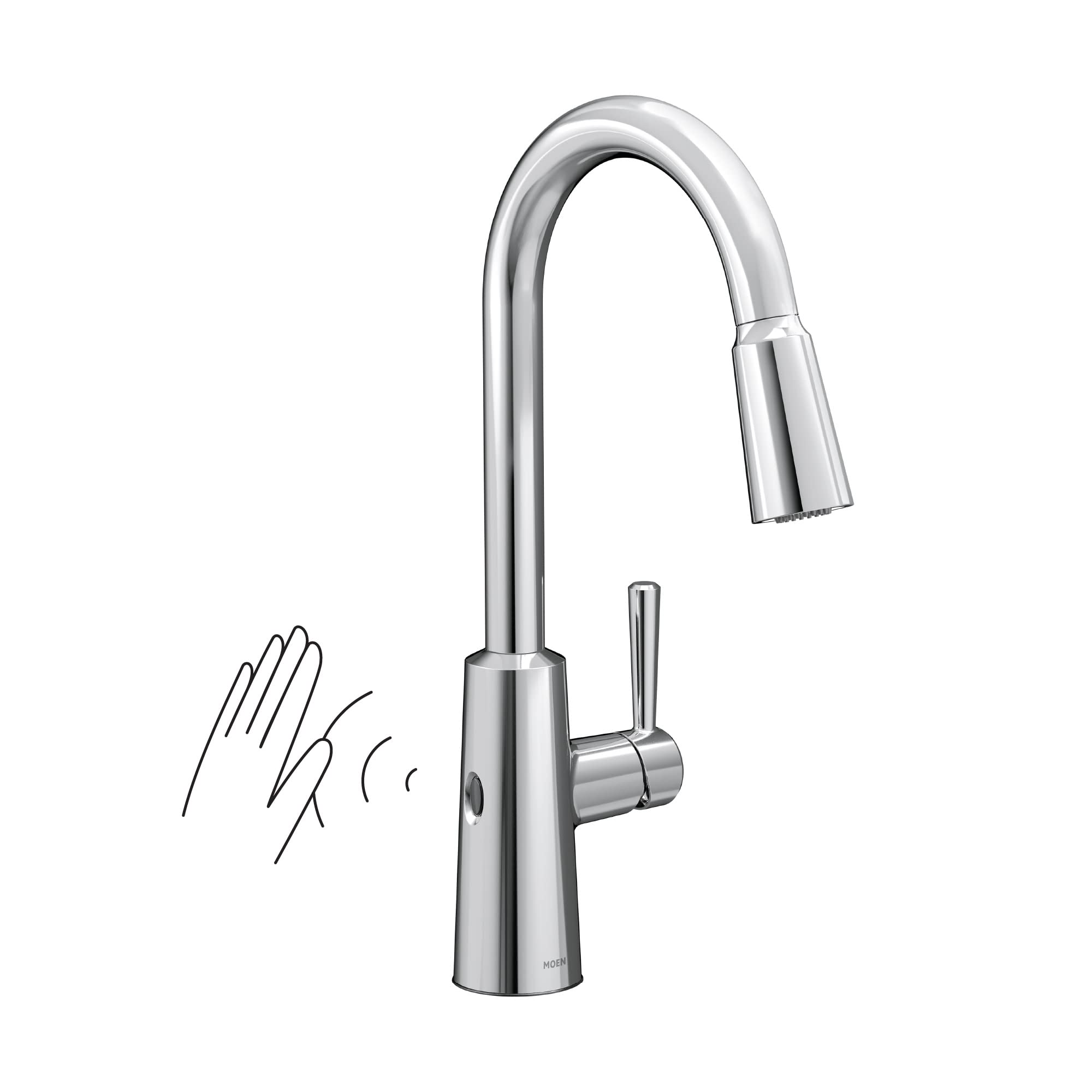 Moen 7402EW Riley Single Handle Chrome High Arc Pull Down Kitchen Faucet with Motionsense Wave, Power Clean Spray Technology, and Reflex System, Sensor, Modern, Aa Batteries
