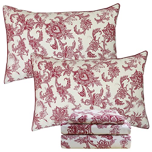 Image of FADFAY Red Floral Bedding Elegant Bed Sheets Set Luxury Bedding Collections 800 Thread Count 100% Egyptian Cotton Deep Pocket Fitted Sheet,4 Piece-Twin XL Size