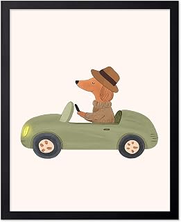 Poster Master Dog Driving Car Print - Nursery Poster - Cute Animal Art - Toddler Playroom Wall Design - Minimal Nursery Dog Art - Boho Kid's Room Decor - 8x10 UNFRAMED Wall Art