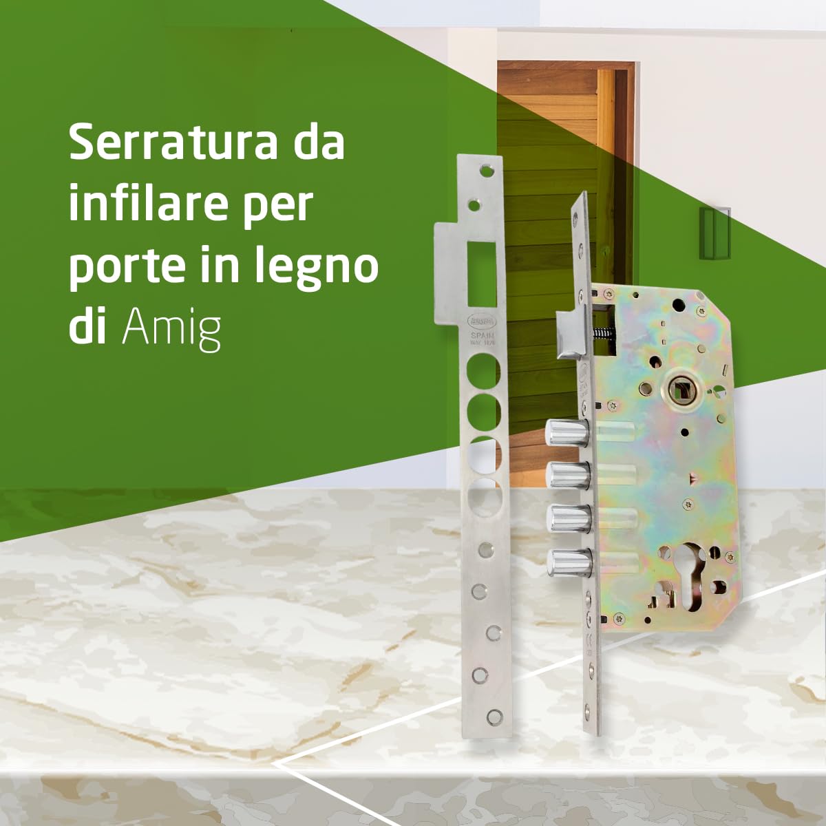 Amig - Serratura | Serratura da infilare con catenacci per porte | Acciaio | 50/85mm | Acciaio inox opaco | Senza cilindro e protezione di sicurezza | Chiusura reversibile