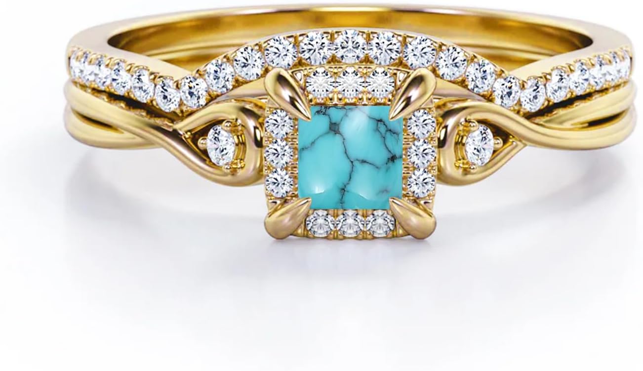 Princess Cut Wedding Ring Set for Women 1CT Princess Shaped Gemstone Bridal Ring Set 925 Sterling Silver 10K 14K 18K Gold Engagement Rings Set for Women