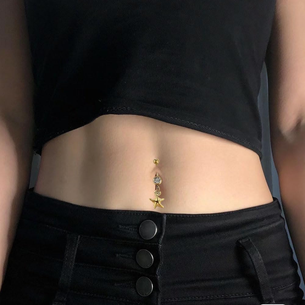 14G Starfish Dangle Belly Button Ring for Women Stainless Steel Rhinestone 18k Gold Plated Star Dangling Navel Rings Curved Barbell Studs Bar Simple Sexy Body Piercing Ocean Summer Beach Jewelry - Image 2