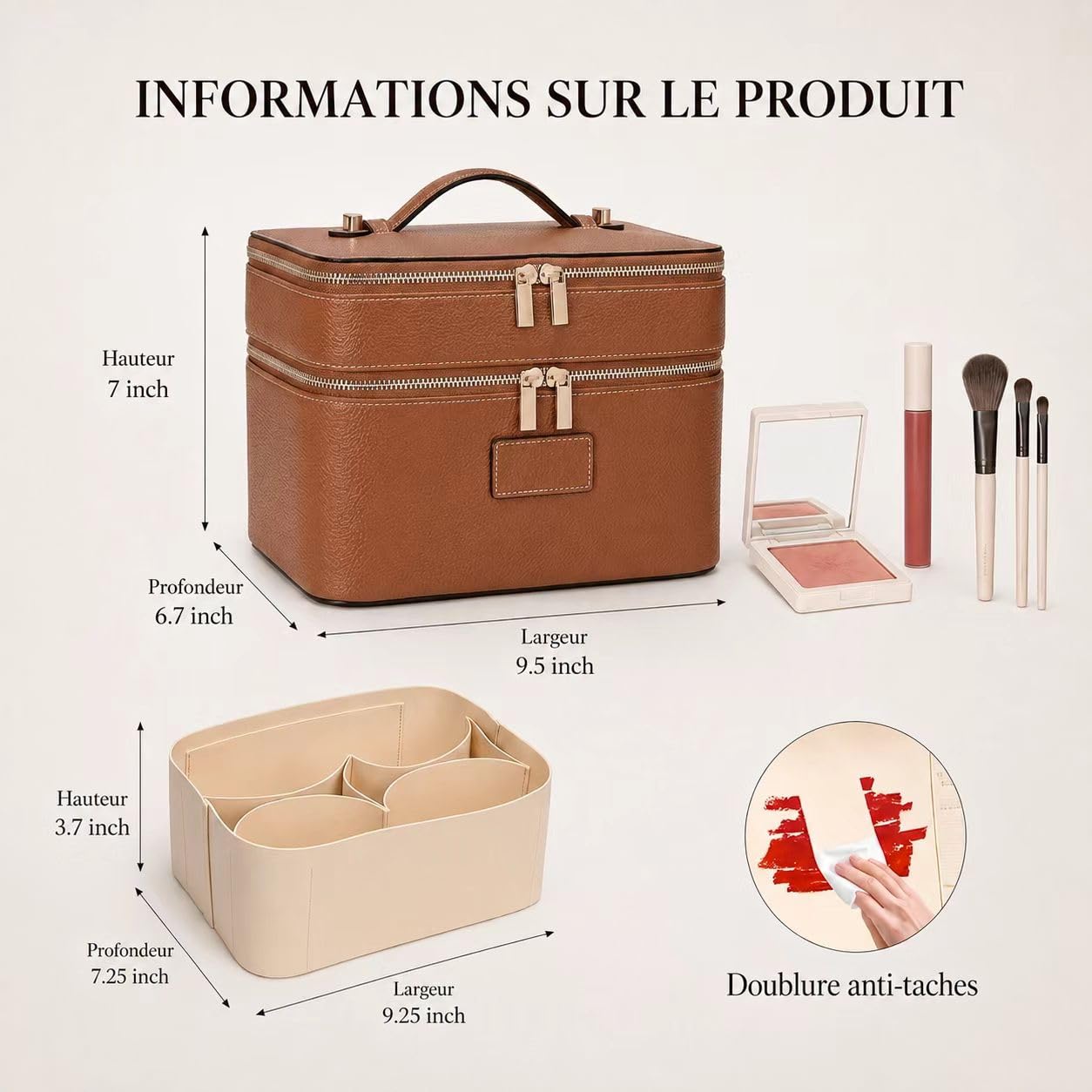 Trousse de Maquillage Double Couche Grande Capacité, Vanity Voyage avec Compartiment Amovible, Sac de Toilette Imperméable à Pochettes Multiples pour Femme