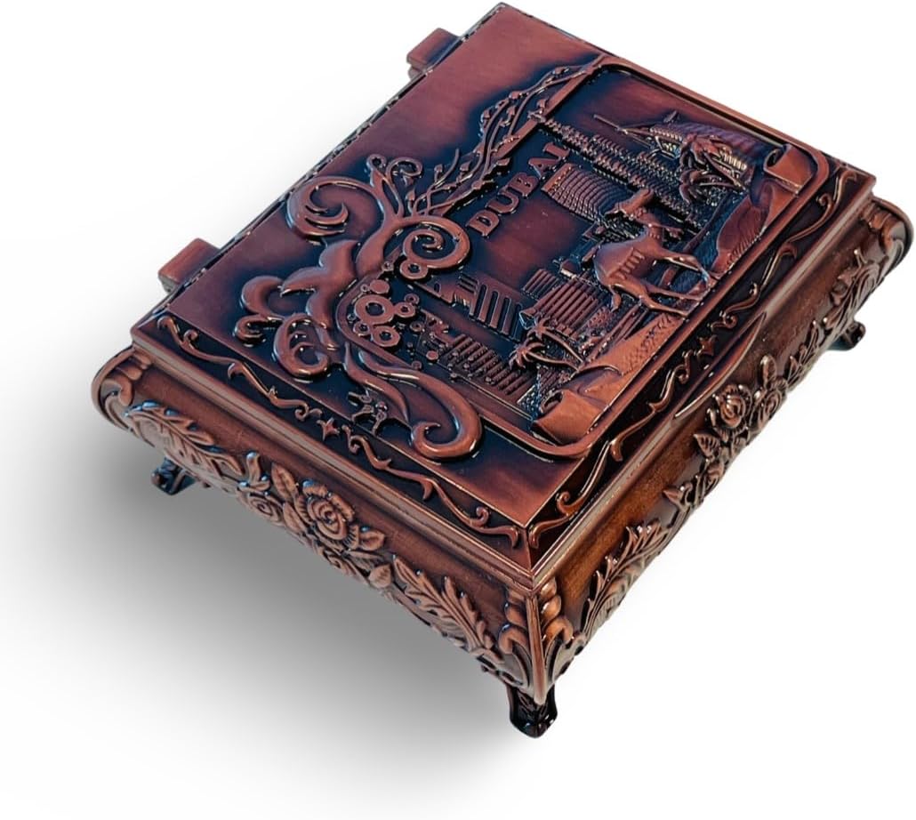 LUKADAH Dubai City Carved Embossed Sourvenir Vintage Treasure Box Exquisite Trinket Storage Case, Figurine Jewelry Storage Home Decor Table Decor Festival Gift Ornaments Metal Craft (Bronze)