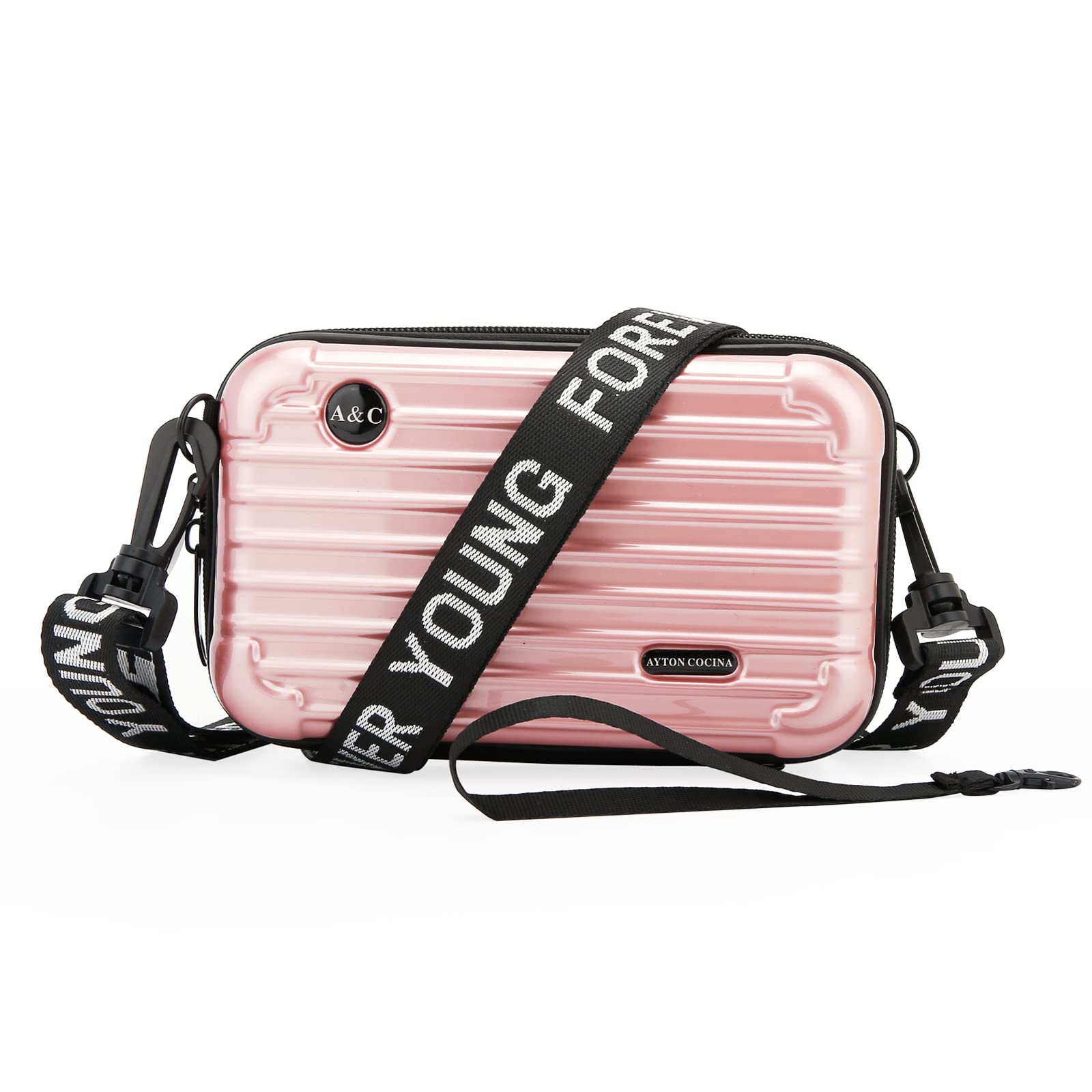 Travel Makeup Bag for Purse, 6.88 inch Mini Suitcase Toiletry Bag Organizer for Women, Unisex Multifunction Fashion Crossbody Purse, Shoulder bag, Rose Gold