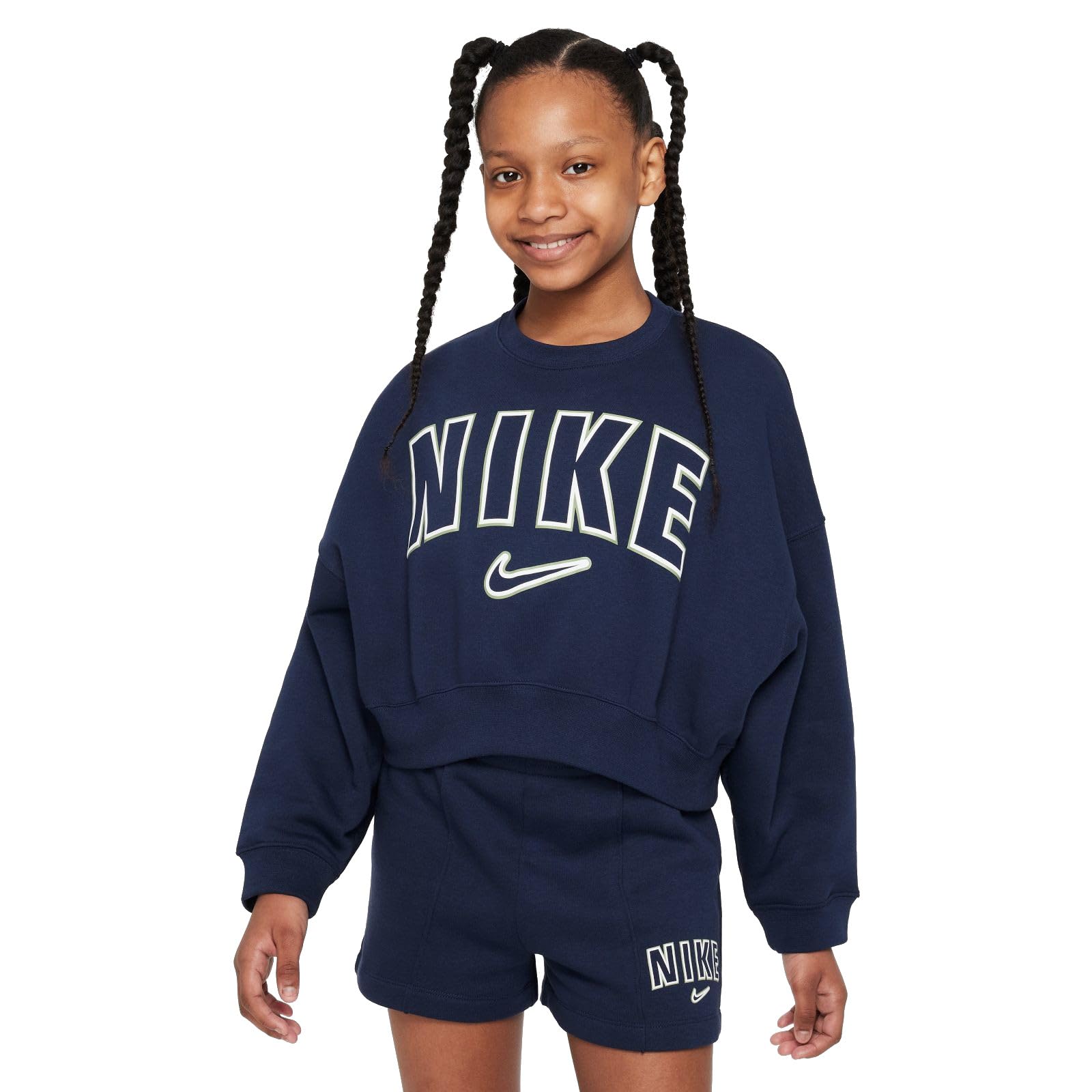 Nike Sportswear Older Kids Trend Fleece Crew Print 8 15Y Navy