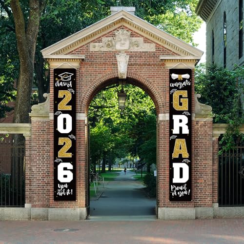 Image of Graduation Decorations 2026 Banner Porch Sign Black Gold for Class of 2026 Graduates Party Supplies