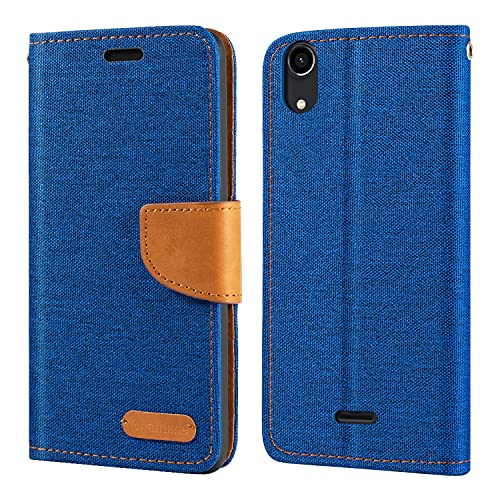Étui Portefeuille en Tissu Oxford et Cuir PU Compatible avec Wiko Rainbow Lite 4G, Coque Robuste avec Rabat Magnétique et Fentes Cartes (Bleu)