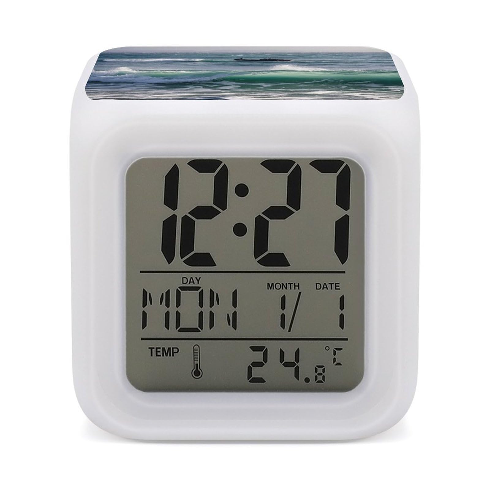 LZQPOEAS Smooth Sea View Alarm Clock Desk Clock with 7 Color Changing Night Light Digital Clocks with Temperature Display Sleep Training and Sound Machine for Heavy Sleeper