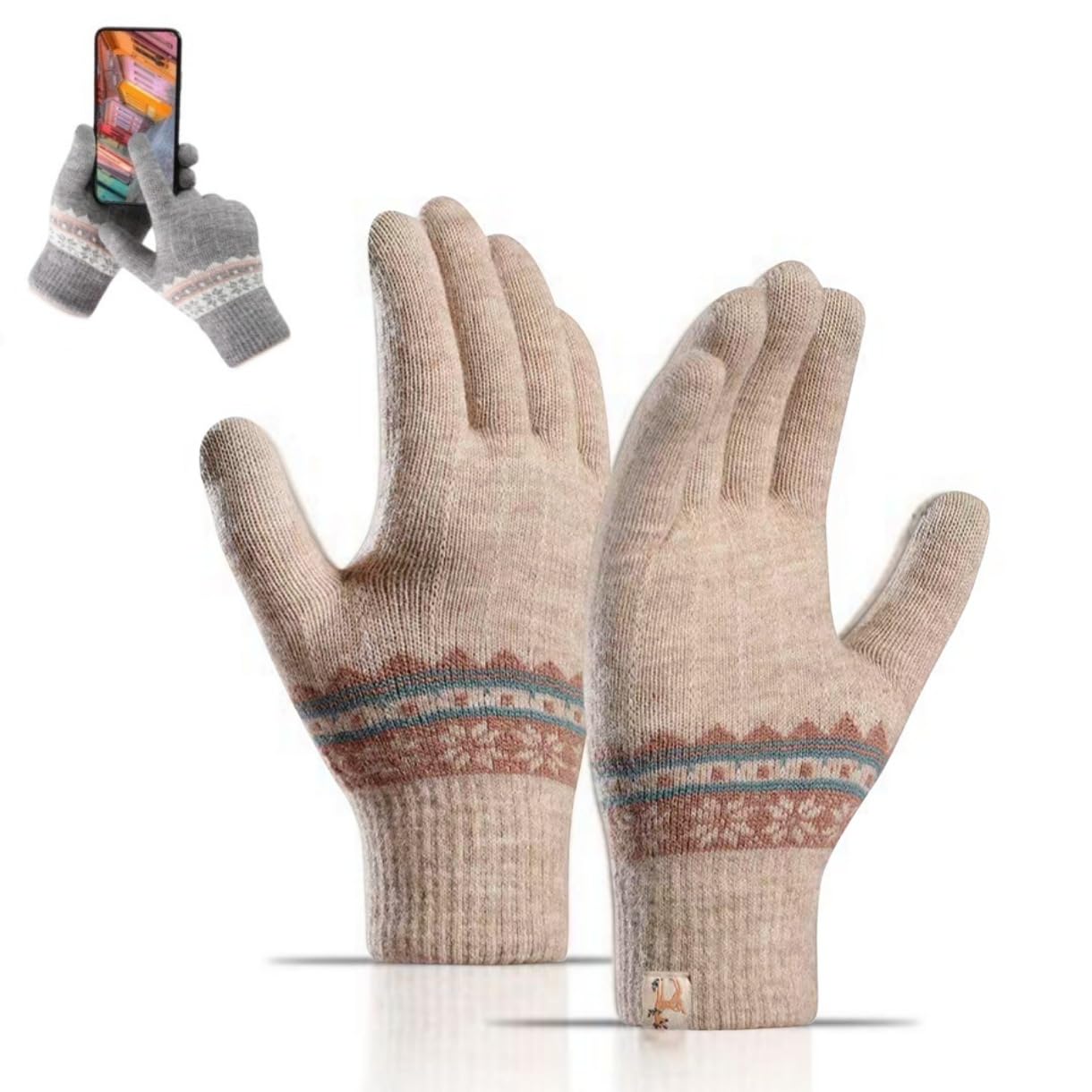 Women Wool gloves cute Snowflake Pattern Knitted (warm fur inside) stretchy windproof touchscreen finger winter gloves for women girls