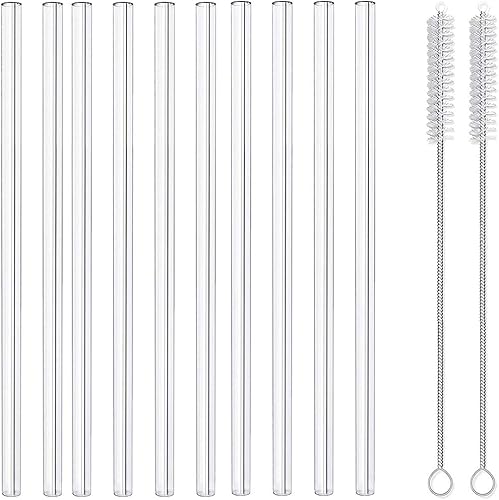 Paquete de 10 pajitas de cristal, reutilizables, con 10 pajitas de batido rectas y 2 cepillos de limpieza, pajitas reutilizables para café, té,