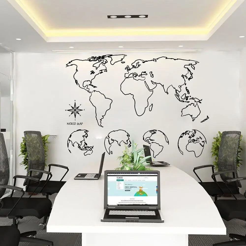 Large Geometric Globe World Map Compass Wall Sticker Office Classroom Earth Travel Adventure Explore Wall Decal Bedroom 74cmwidex53cmhigh
