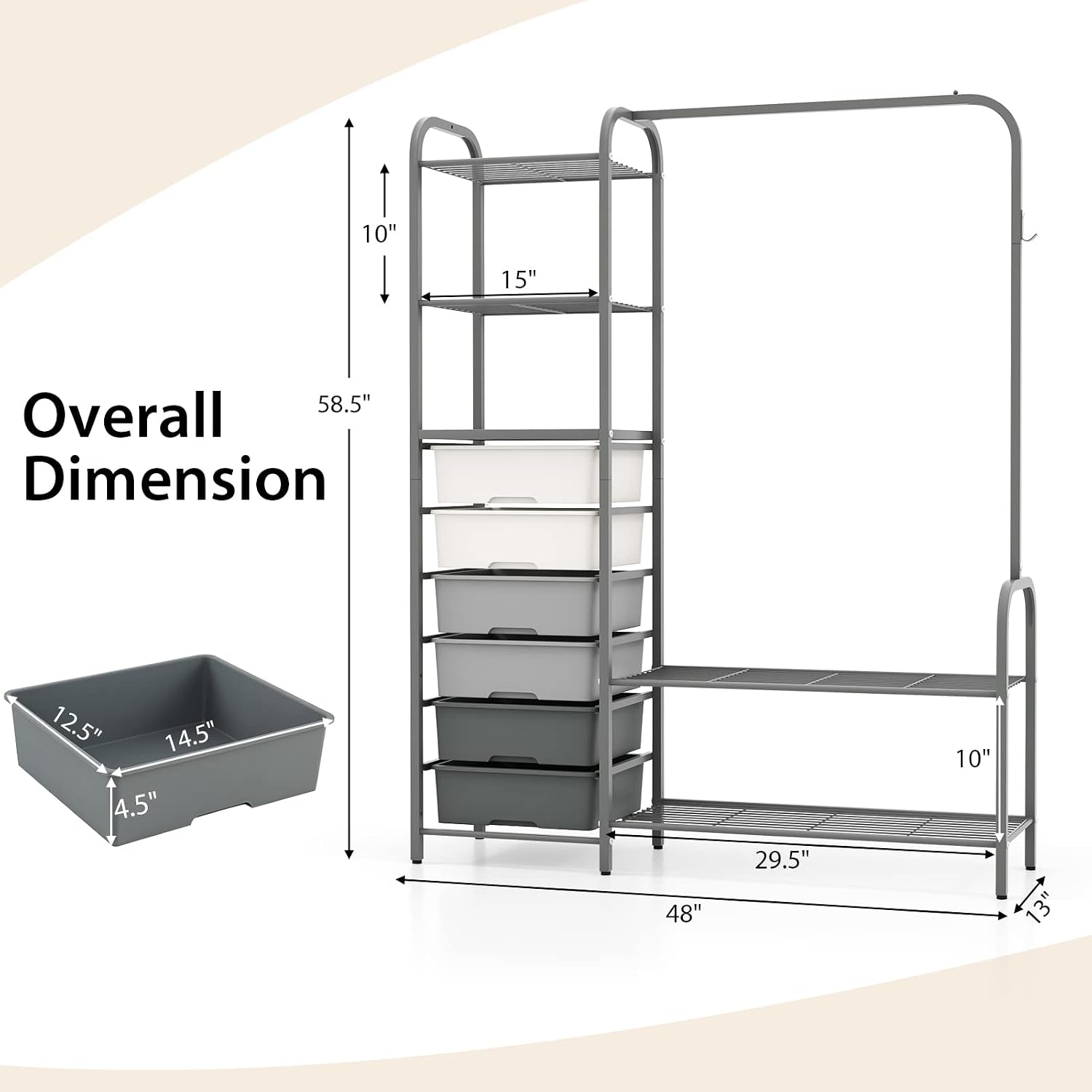 Tangkula Heavy Duty Clothes Rack with 6 Removable Drawers, 3-Tier Open Shelves & 2-Tier Metal Shoe Rack, Side Hook, Garment Rack with Adjustable Feet, Freestanding Closet Organizer for Closet, Bedroom
