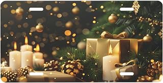 Gift Candle Christmas Tree Front License Plate for Car Designs Stainless License Plate Cover Holder for Men Women Metal Aluminum Decorative Accessory Vanity Tag Standard 6 X 12 Inch (4 Holes)