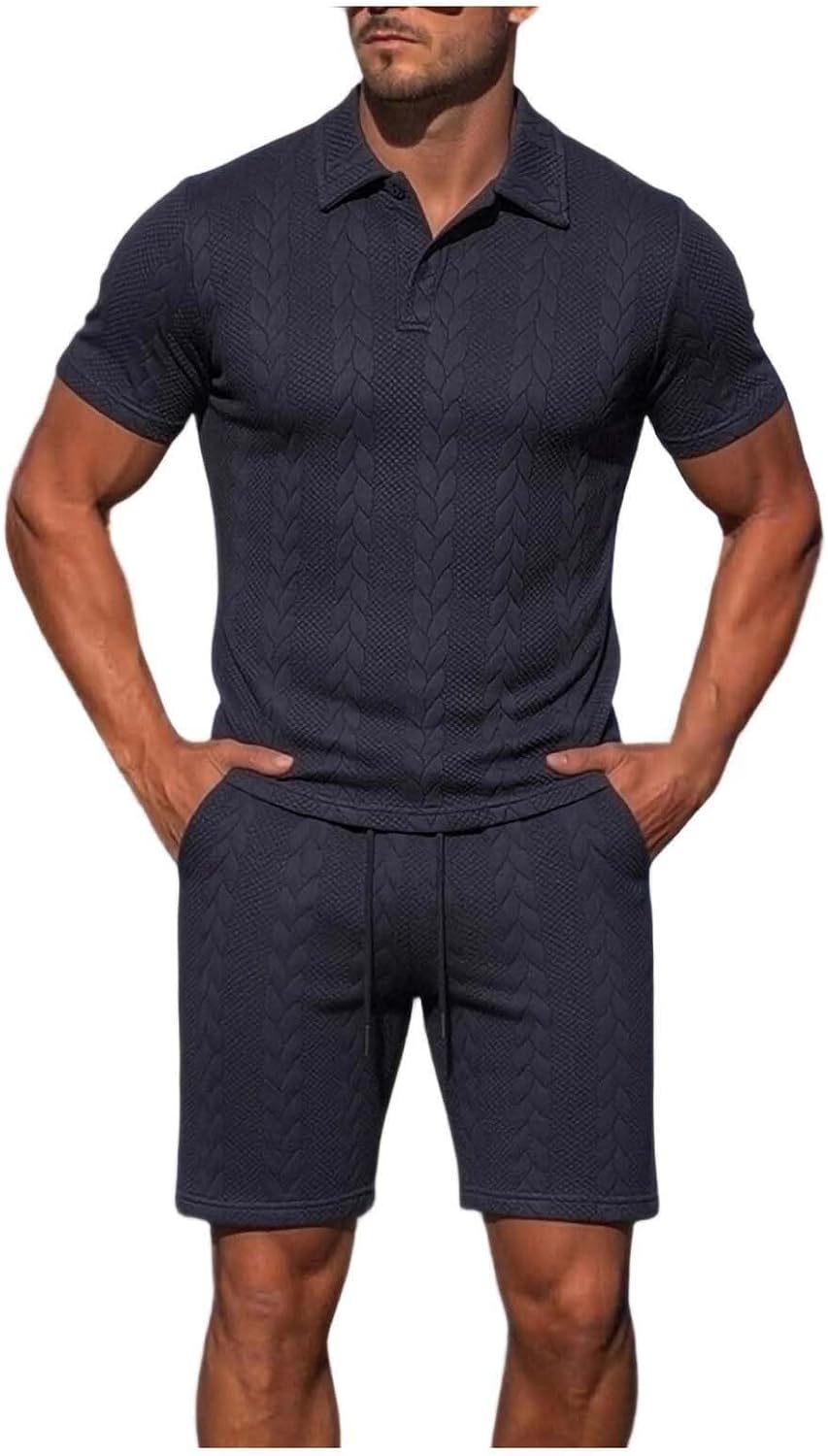 Men's Workout Jogging Tracksuit 2 Piece Summer Casual Sets | Short Sleeve Sports Polo-Shirts and Shorts Sweatsuits for Men, Two Piece Outfits Travel Athletic Set