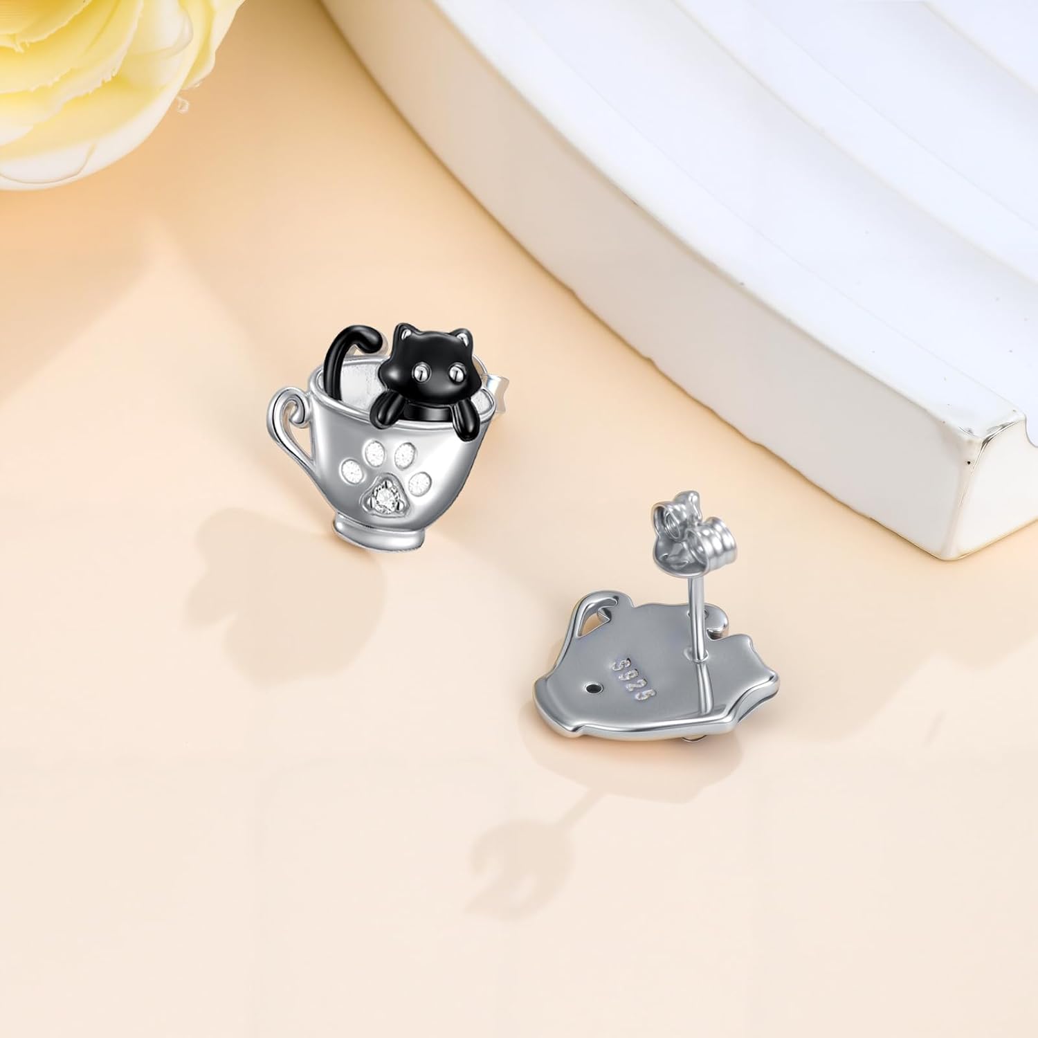 Diamond Black Cat Earrings for Women 925 Sterling Silver Cup Cat Stud Earrings Cute Pet Stud Earrings Jewelry Gifts - Image 4
