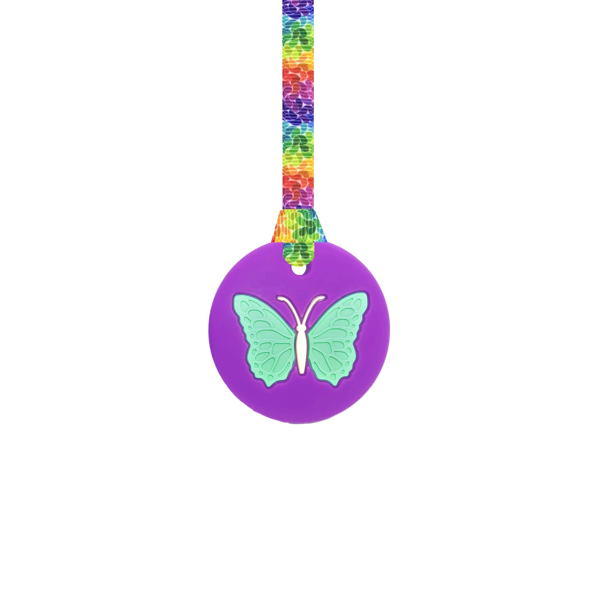 Butterfly Chew Necklace with Lanyard - Purple - Sensory Chew for Kids with Autism, Anxiety & ADHD – 100% Food Grade Silicone - Sensory Oojamabobs (8 Designs Available) (Rainbow Leaves, 54cm Lanyard)