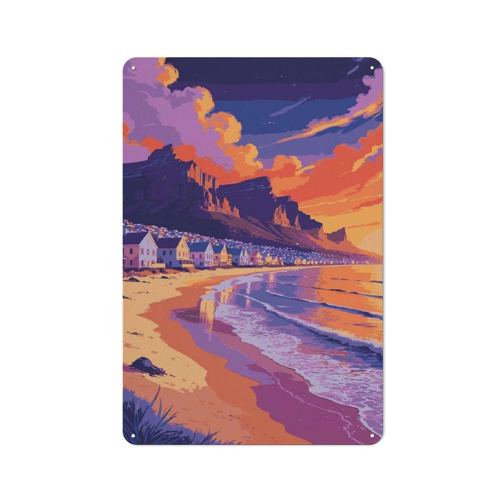 Junmoney Style-8 Tin Wall Plaque 30X20cm With Coastal Town At Sunset Illustration For Guest Room Or Hallway, A Decorative Christmas Gift For Home Decor Collectors