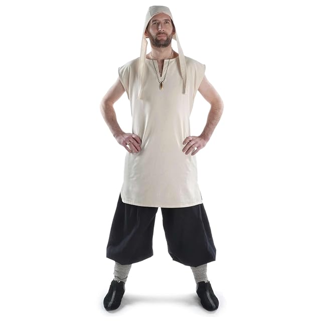 HEMAD Túnica medieval Jorel sin mangas verde rojo azul beige S-XXXL sólido algodón camisa de vestir, beige