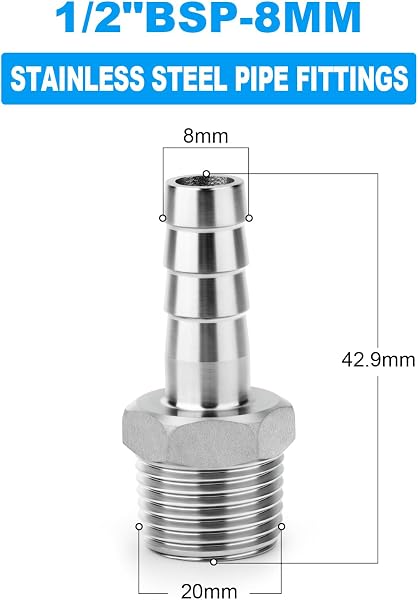 10 piezas de acero inoxidable 304 8 mm OD Barb a 1/2 "BSP barb de manguera macho, el agua de compresión de accesorios, industrial - 2