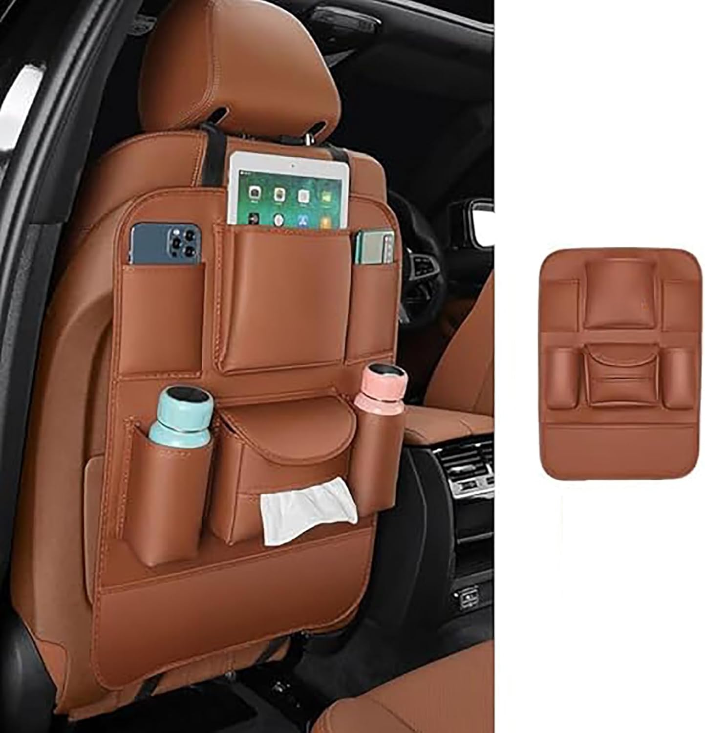Car Back Seat Organizer for Peugeot 208, Leather Backseat Organizer Seat Attachable Storage Organizers with Pockets Anti Kick Mats Protector for Kids Travel Accessories, B/Brown-1PC