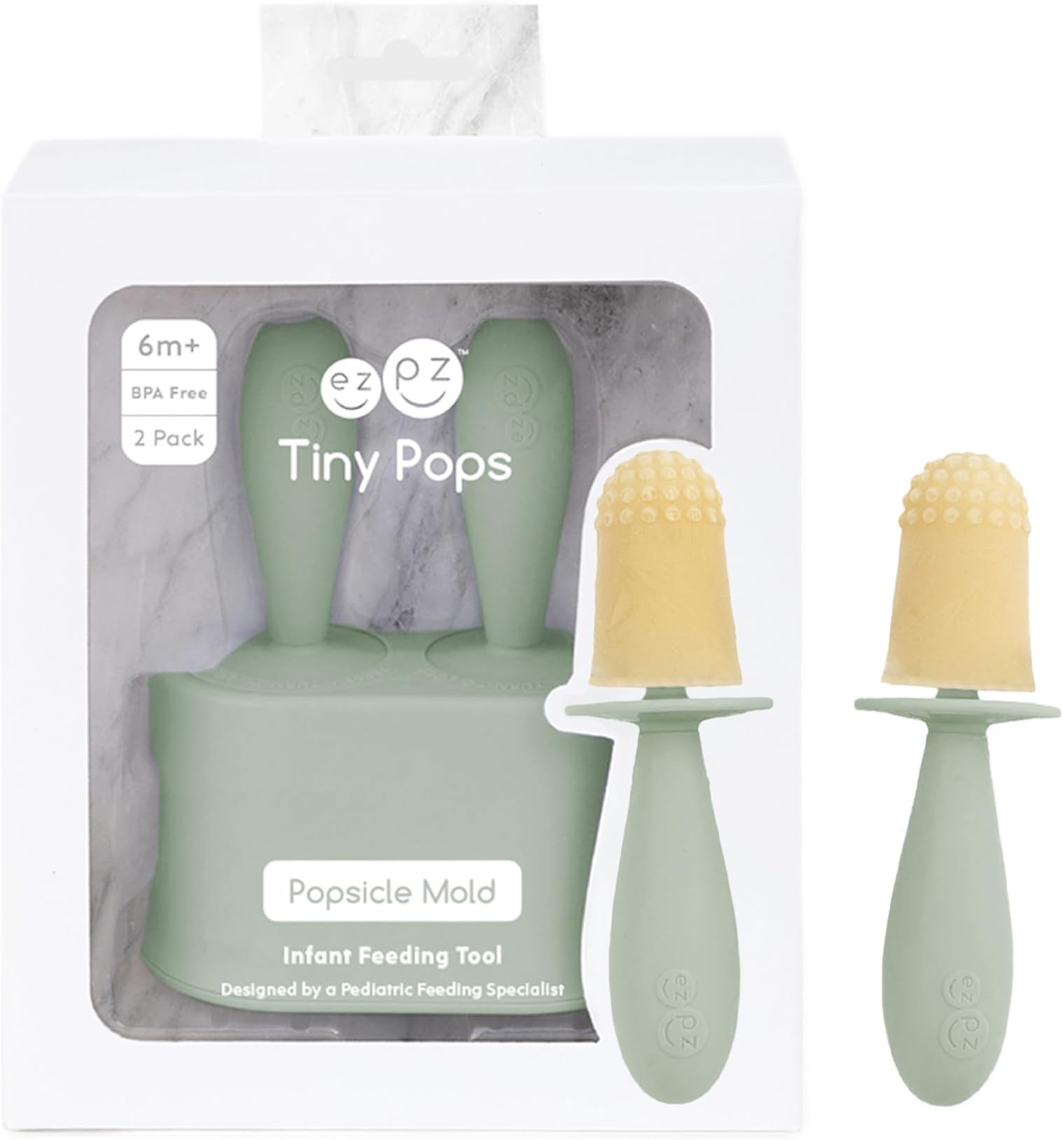 ezpz Tiny Pops (2-Pack) - Silicone Baby Popsicle - Ice Cream Mold for Infants 4+ Months - BPA Free, Food Grade, Easy Grip Handle, Teething Relief, Dishwasher Safe (Sage)