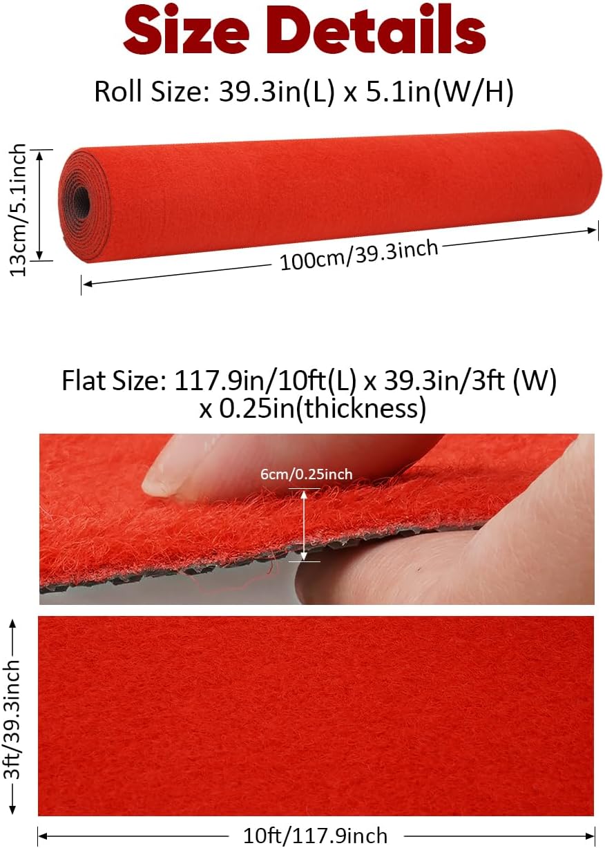 Red Carpet Runner for Party 3 x 10 ft, Thick Hollywood Aisle Rugs for Proms Wedding Events,Custom Size Indoor Outdoor Hallway Rug with TPR Backing for Entryway