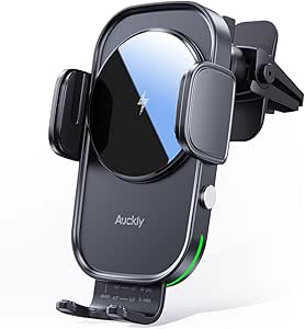 Auckly Qi 15W Car Phone Holder Wireless Charger, [270 ° Automatic Clamping], Wireless Car Charger Mount, Air Vent, Compatible for iPhone 12/13/14/15/16 Series&amp;Samsung, Electromagnetic Induction, Black