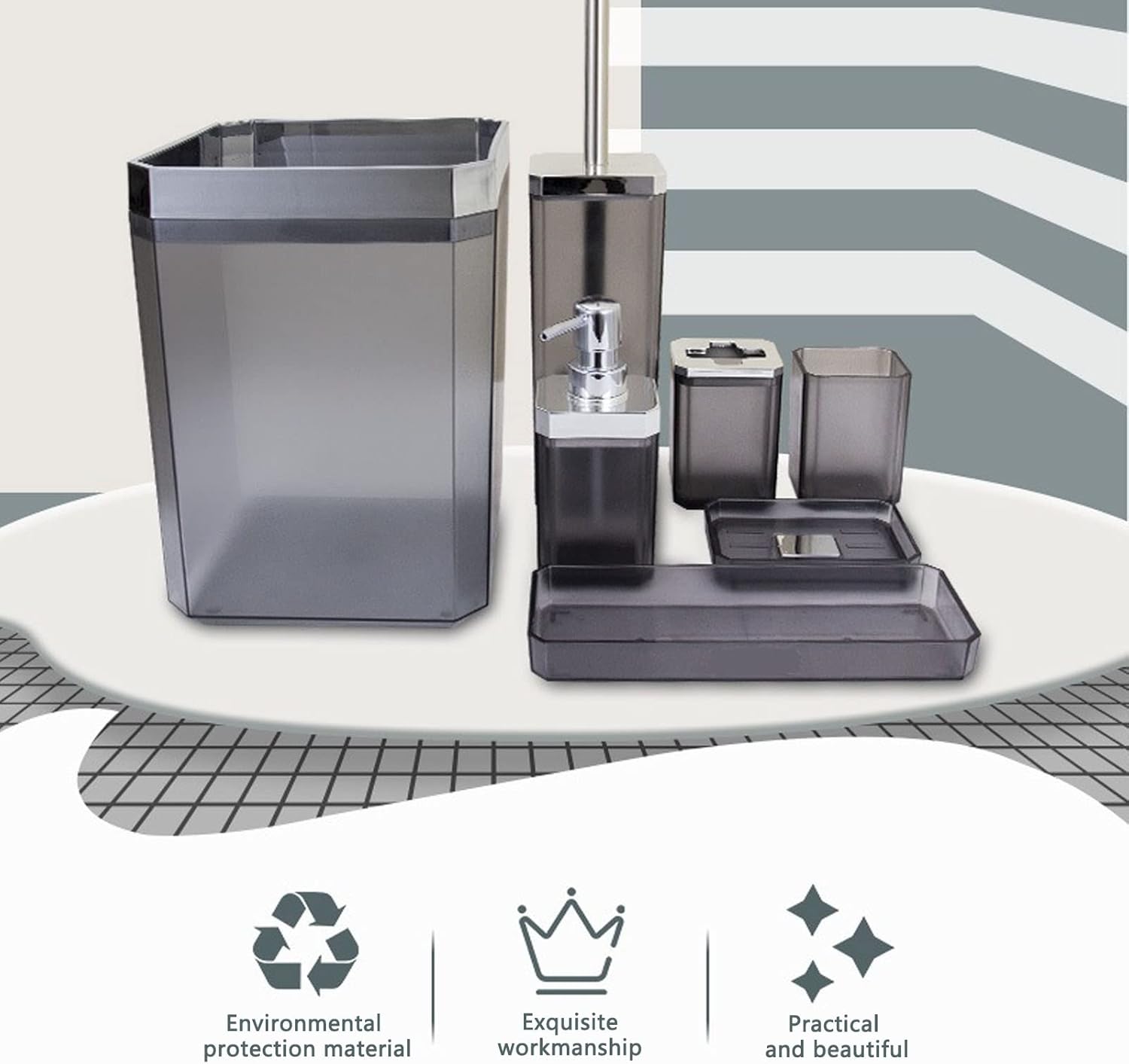 Pilipane 7Pcs/Set Plastic Bathroom Accessory Grey Toothbrush Holder Soaps Tray Toilet Brush Toilet Brush and Holder Kit for Home Hotel