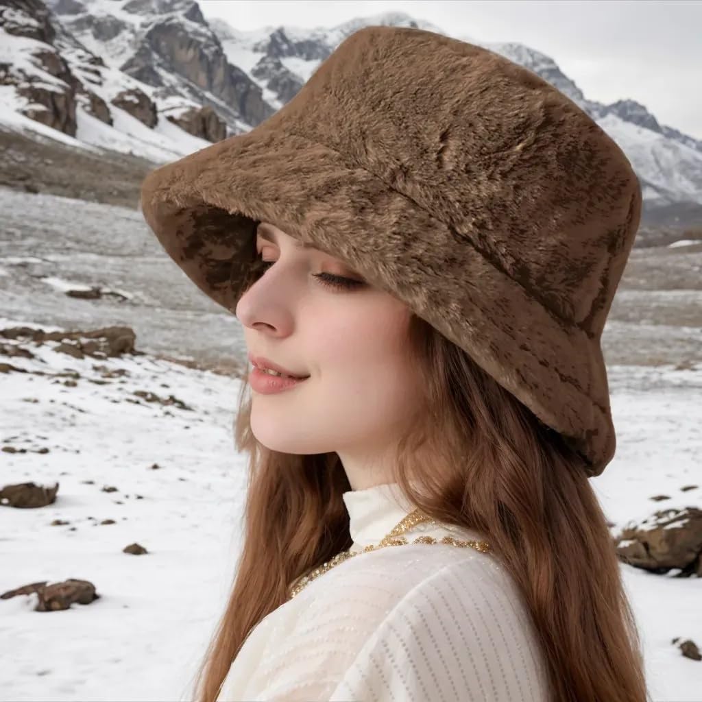 Winter Bucket Hats for Women Faux Fur Bucket Hat Fuzzy Hat Sherpa Hat Warm Plush Fisherman Fluffy Men Hat - Image 3