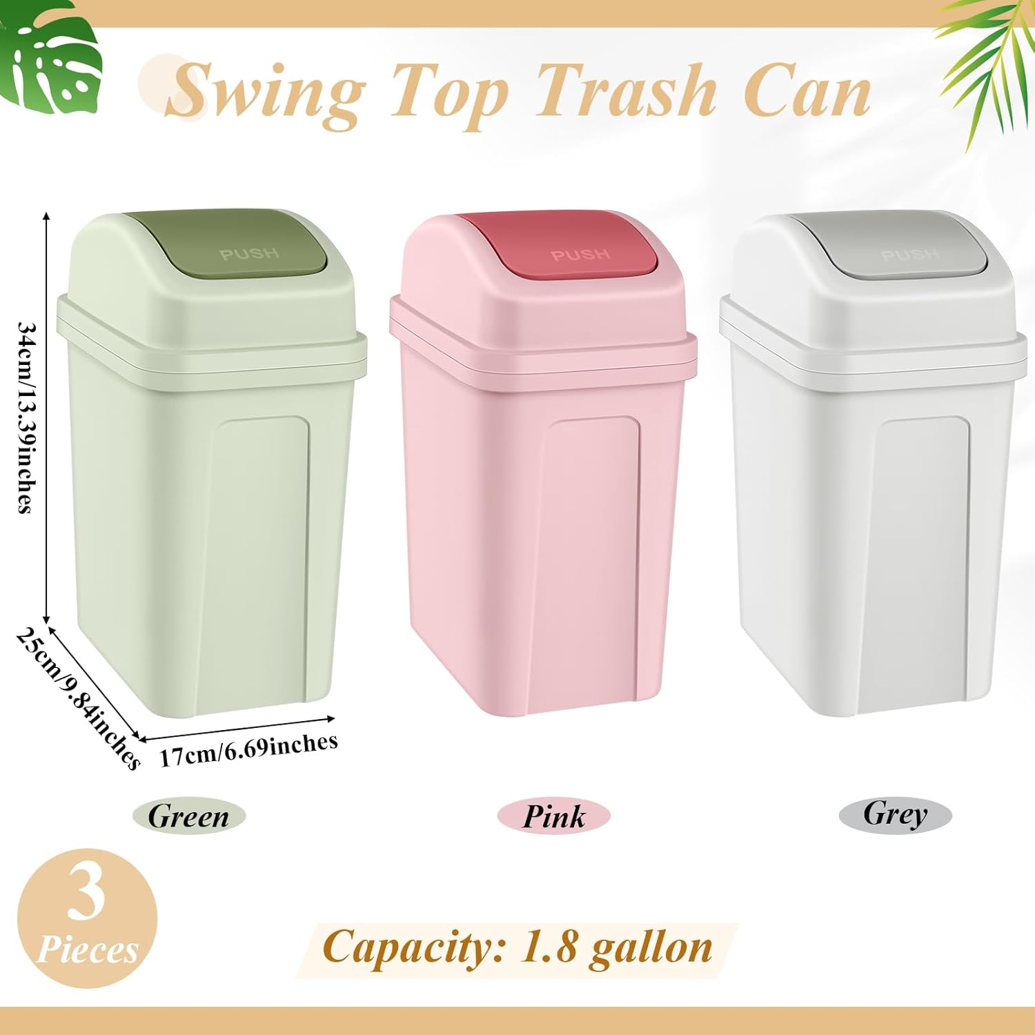 Sumind 3 Pcs 1.8 Gallon Bathroom Trash Can with Swing Lid Small Garbage Can Plastic Bathroom Trashcan Garbage Bin for Kitchen Waste Bedroom Room Outdoor (Green, Pink, Beige)