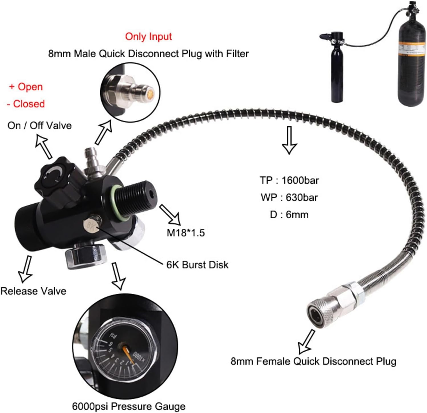QINGFAN High Pressure Scubas Tanks Valves Adapter with Double Gauges and Metal Hose Filling Station for Diving Enduring