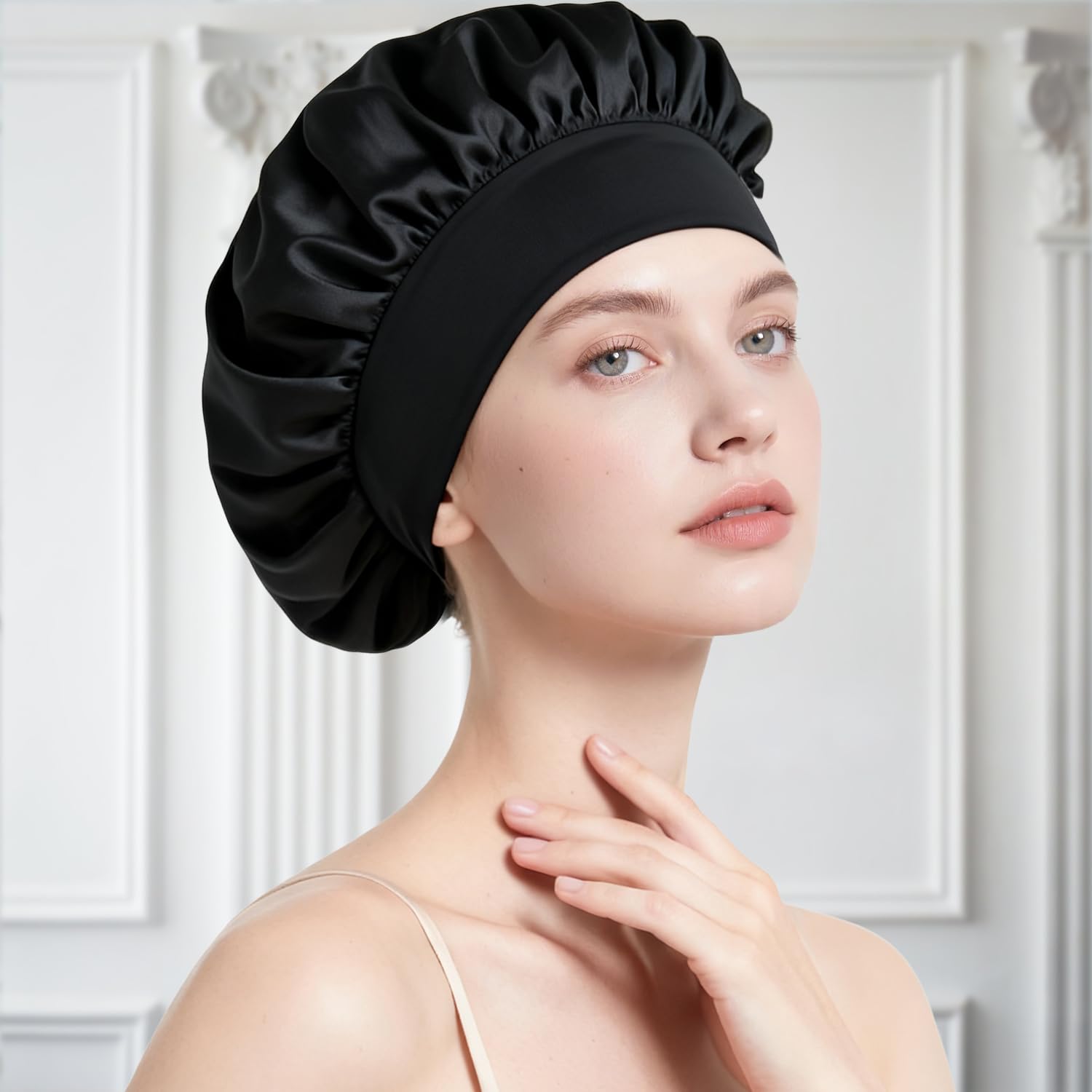 Gorro de Satén para Dormir | Gorro con Banda Elástica Ancha | Gorro para Cabello Rizado Trenzas Afro y Rastas (Negro)