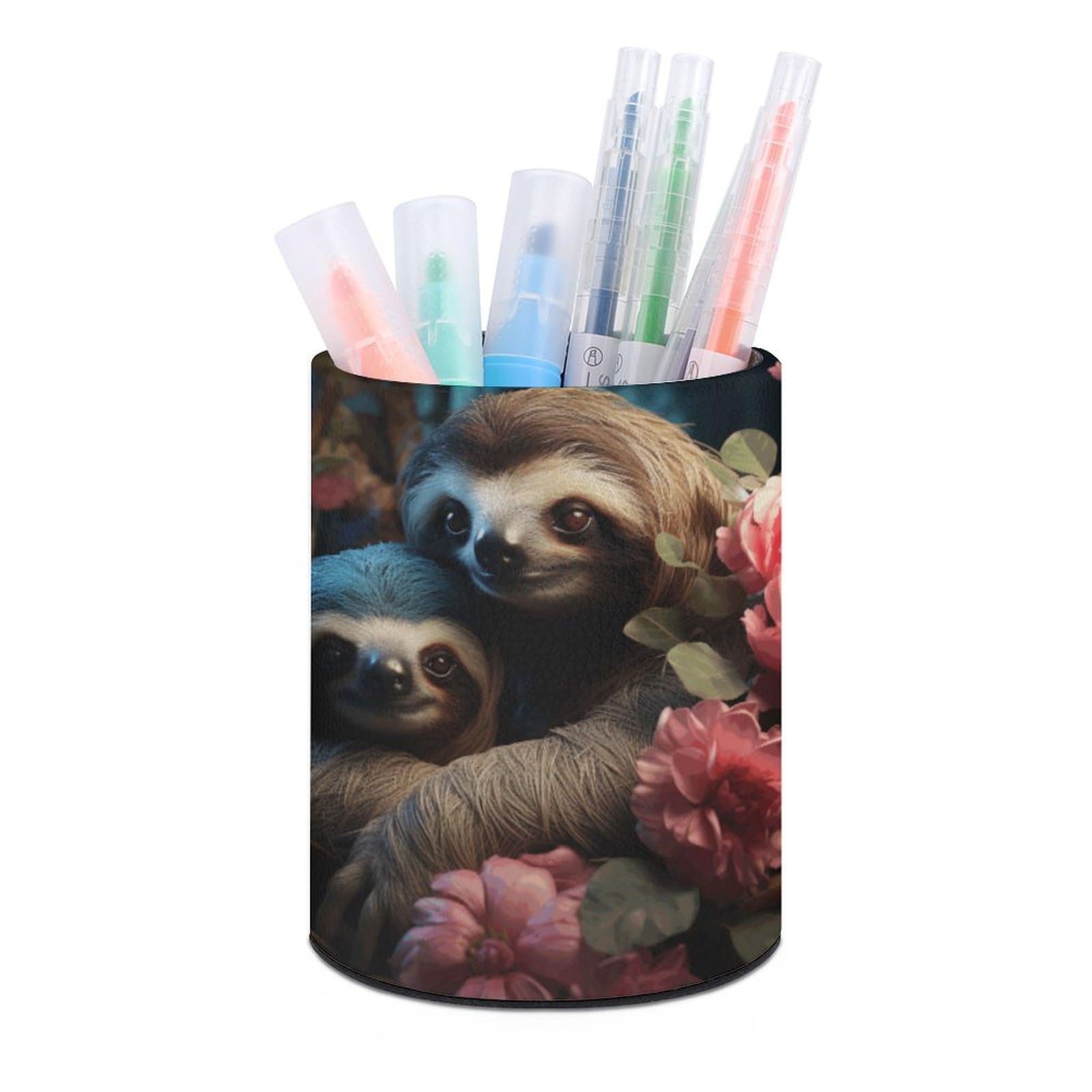 JTREHY Round Pen Holder,A Sloth And A Baby Sloth Printed Makeup Brush Storage Box for Home Office Dressing Table