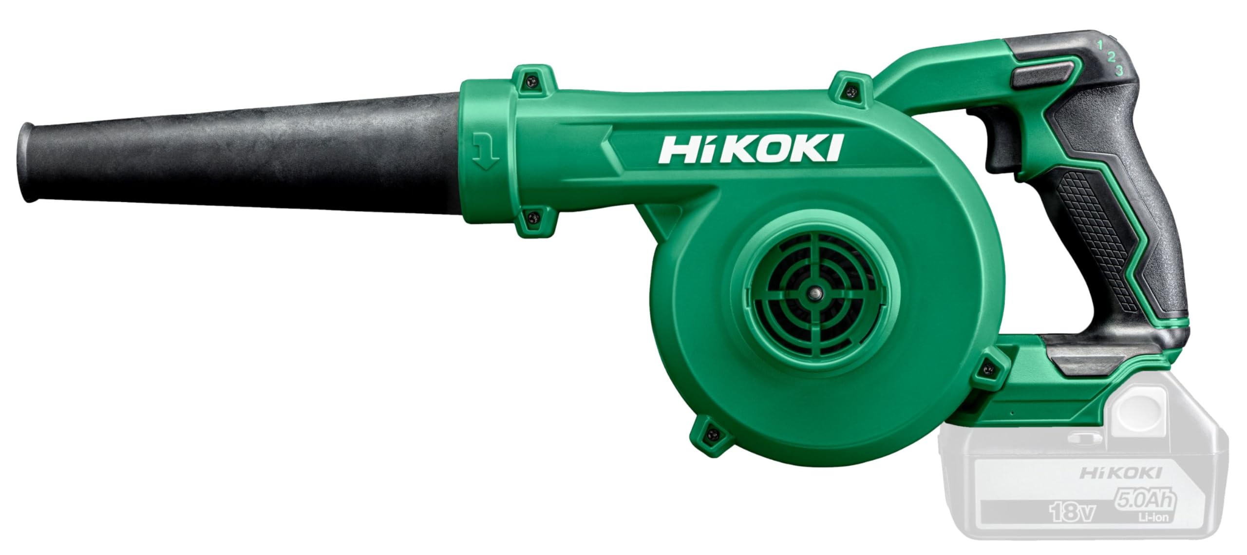 HIKOKI Akku Gebläse + Sauger RB18DC (18V, Förderleistung ohne Düse: 0-3,5 m³/min, Max. Luftgeschwindigkeit (mit Düse): 95m/s, Durchschnitts- Luftgeschwindigkeit: 78m/s, Leerlaufdrehzahl: 0-15000min-1)