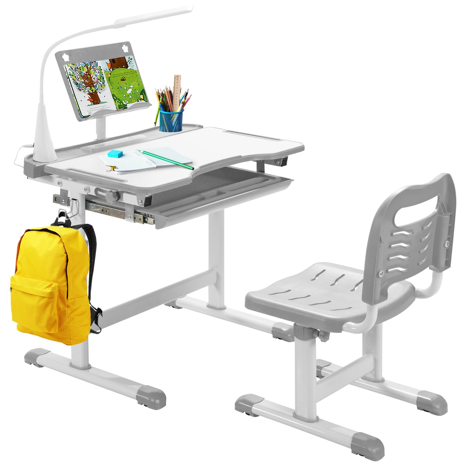 GYMAX Kids Desk and Chair Set, Height Adjustable Children Art Table with Chair, Tilt Desktop, LED Light, Storage Drawer & Book Stand, Study Furniture Set for Girls Boys (Grey)