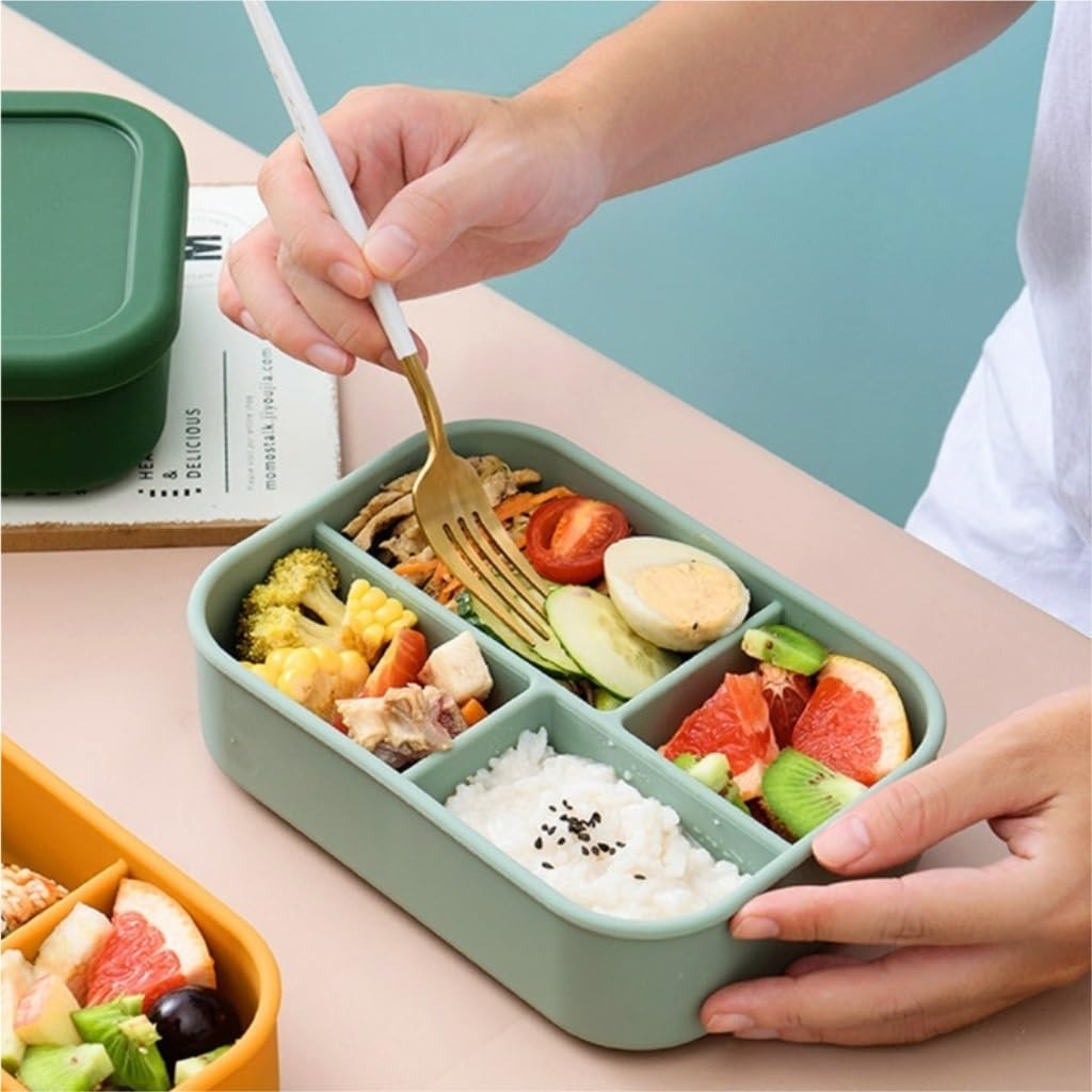 Frischhaltedosen Silikon-Vierfach-Crisper-Mikrowellen-Heizbox-Fach-Aufbewahrungsbox, Lange Box mit Deckel Organizer Kühlschrank (Color : Green, Size : F)