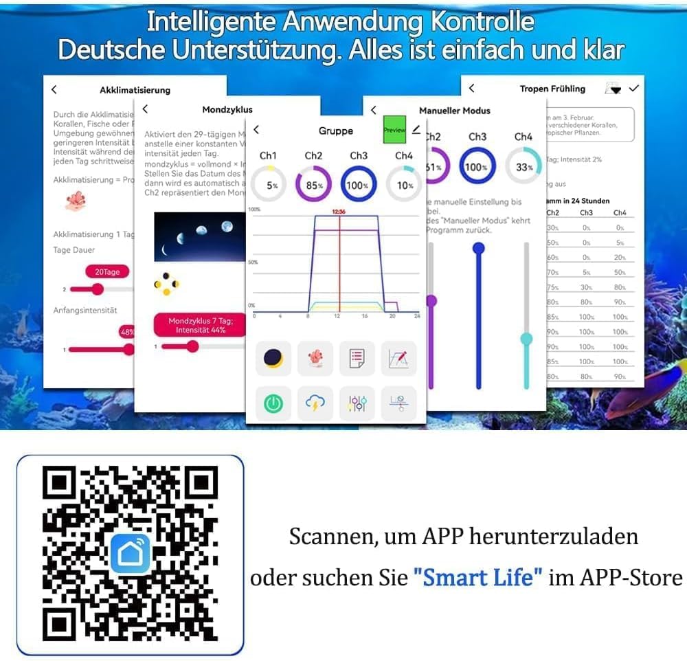 NEU PopBloom RL115 WiFi Meerwasser LED Lampe 240W, Vollspektrum Led Aquarium Beleuchtung für Reef Coral SPS/LPS Fischaquarium, APP unterstützt Deutsch