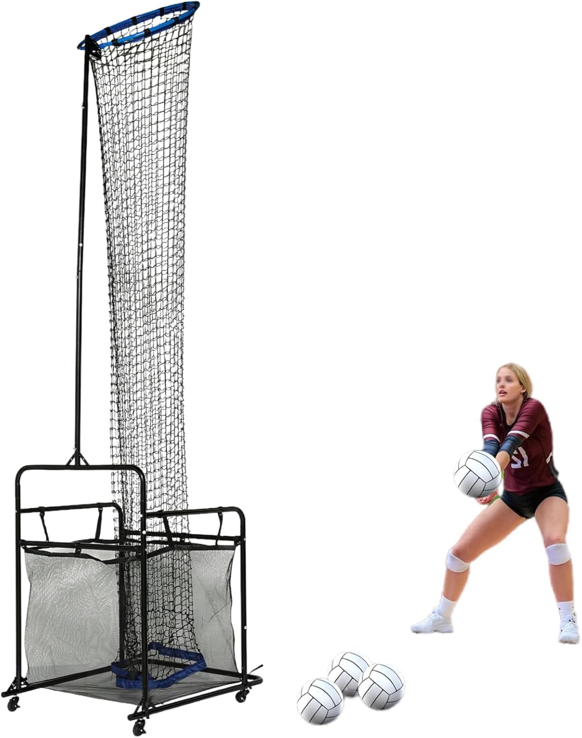 Set di allenamento per la pallavolo con ruote, rete di allenamento per la pallavolo regolabile con angolazione da 0° a 90° e altezza da 1,7 a 3,3 m, rete di esercitazione con rimbalzo