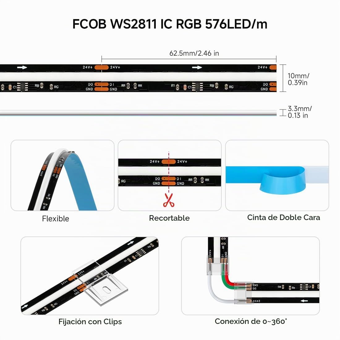 SEZO 24V FCOB COB WS2811 IC RGB LED Tira de Luz 5M 2880LEDs Alta Densidad de Luz Pixel Color de Ensueño LED Tira Ancho 10mm IP30 No Impermeable PCB Negro para Hogar Fiesta DIY