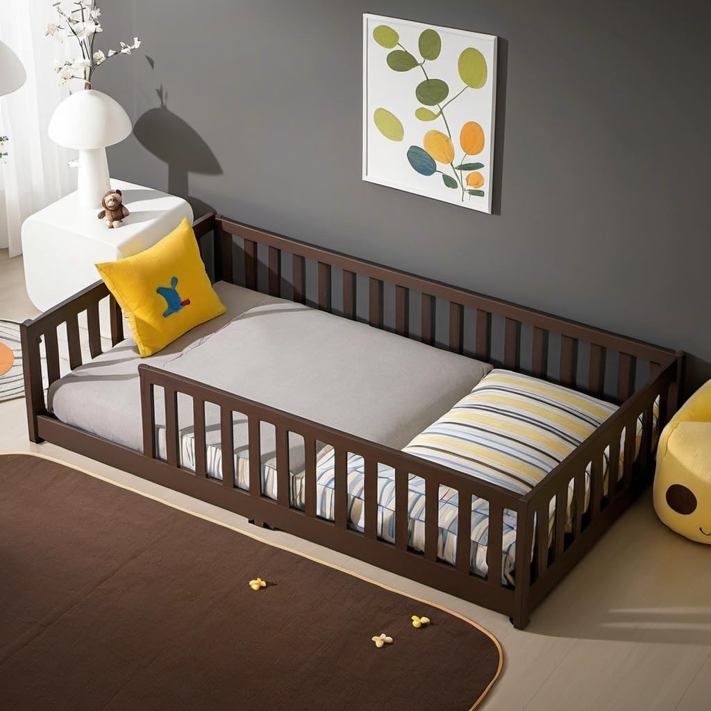 PVWIIK Twin Size Floor Bed with Safety Guardrails for Kids,Wood Montessori Floor Bed for Toddlers, Without Door, No Box Spring Needed, Espresso