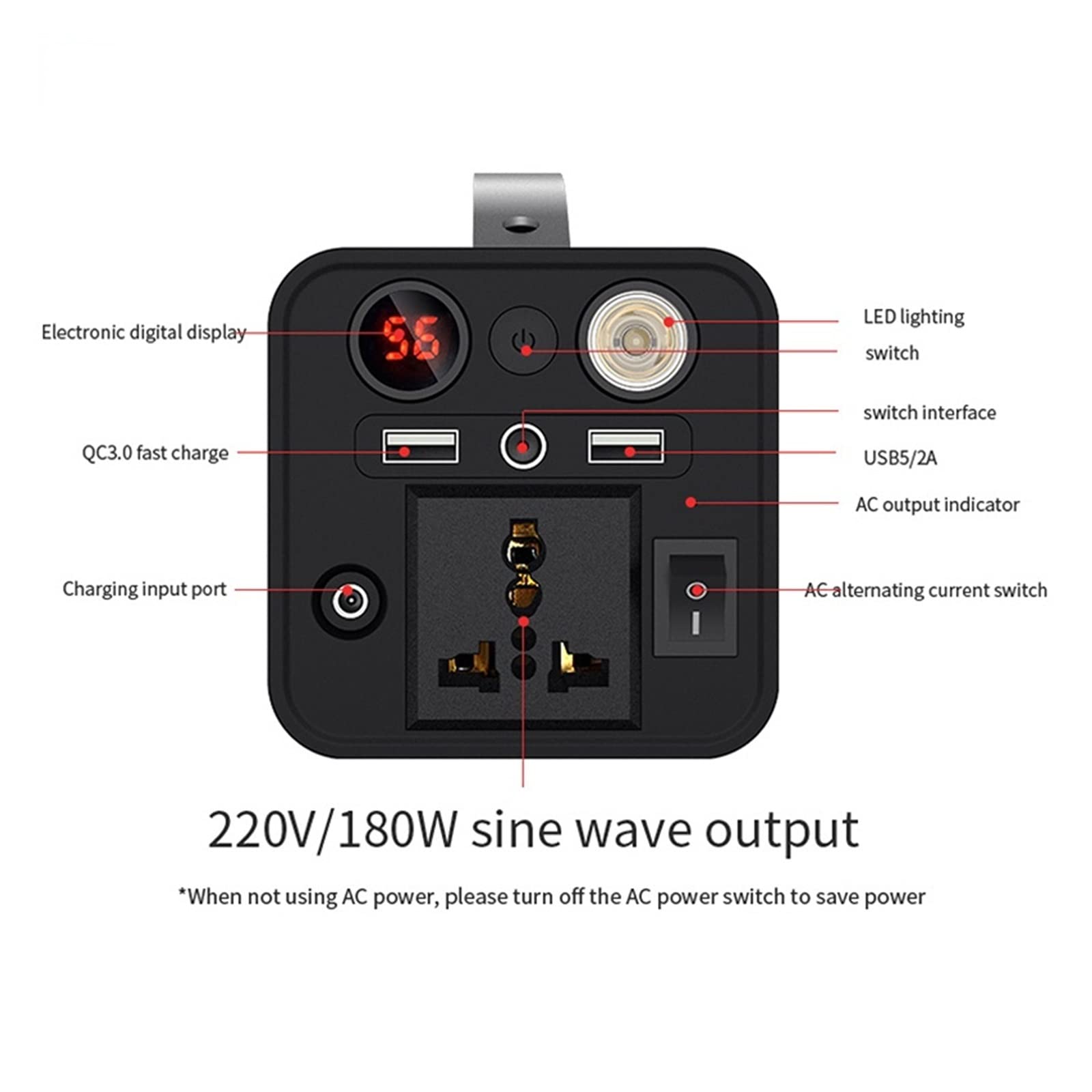 PROPFE 220V 180W Power Bank Générateur Solaire 110V 45000mAh USB C AC Alimentation par Batterie Externe pour Camping en Plein air (Color : 45000mah Black, Size : 110V)
