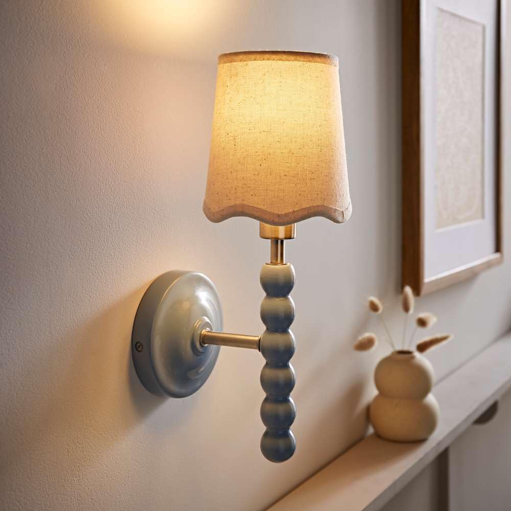 Valuelights Pale Blue Bobbins Pair Of Pastel Wall Lights & Natural Linen Trim Lamp Shades In