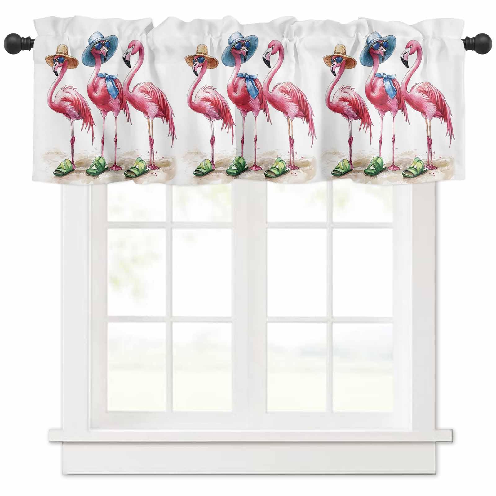 T&H XHome Pink Flamingo Valances for Windows Holiday Summer Beach Animal Window Treatment Valances Rod Pocket Curtain Valance for Kitchen, Bathroom,