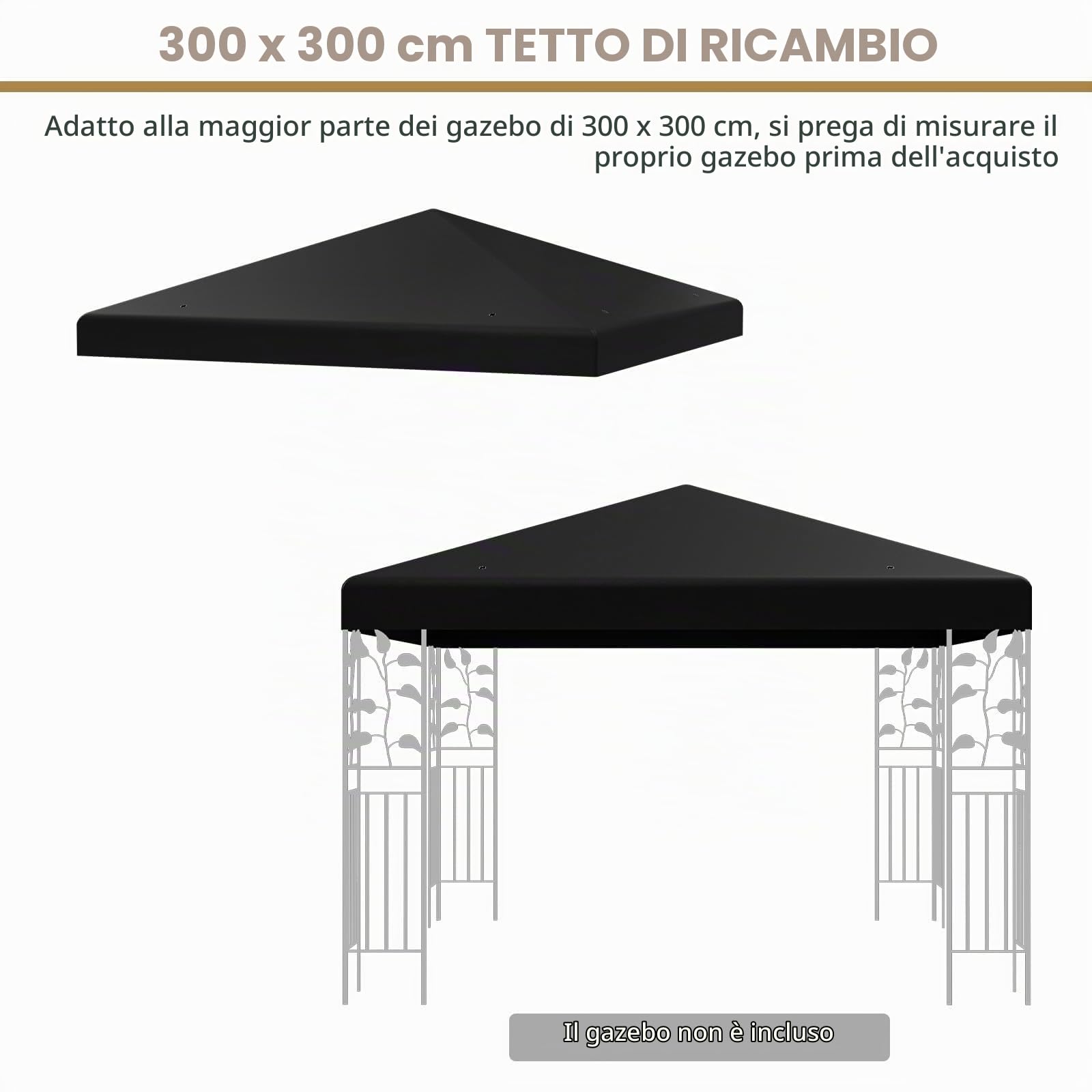 FANTASK Copertura di ricambio per gazebo, 3 x 3 m, con chiusure in, impermeabile e stabile, per gazebo da giardino (nero)