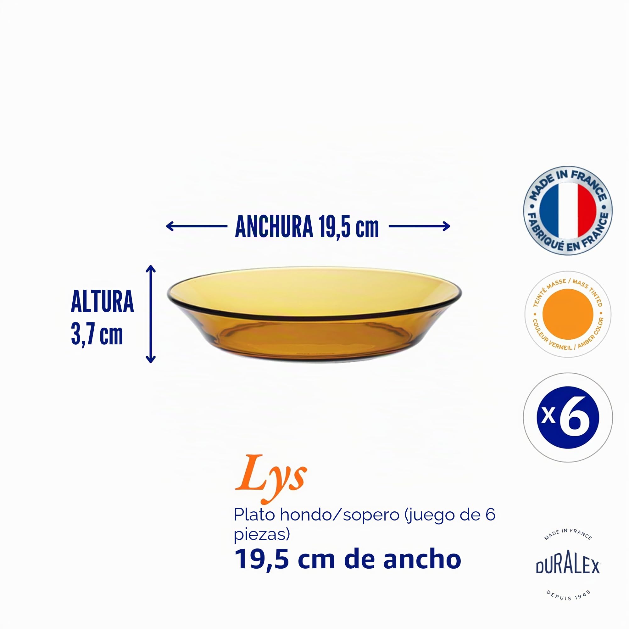 Duralex - Plato de Vidrio Hondo Lys Ambar, 19,5 cm, 6 unidades