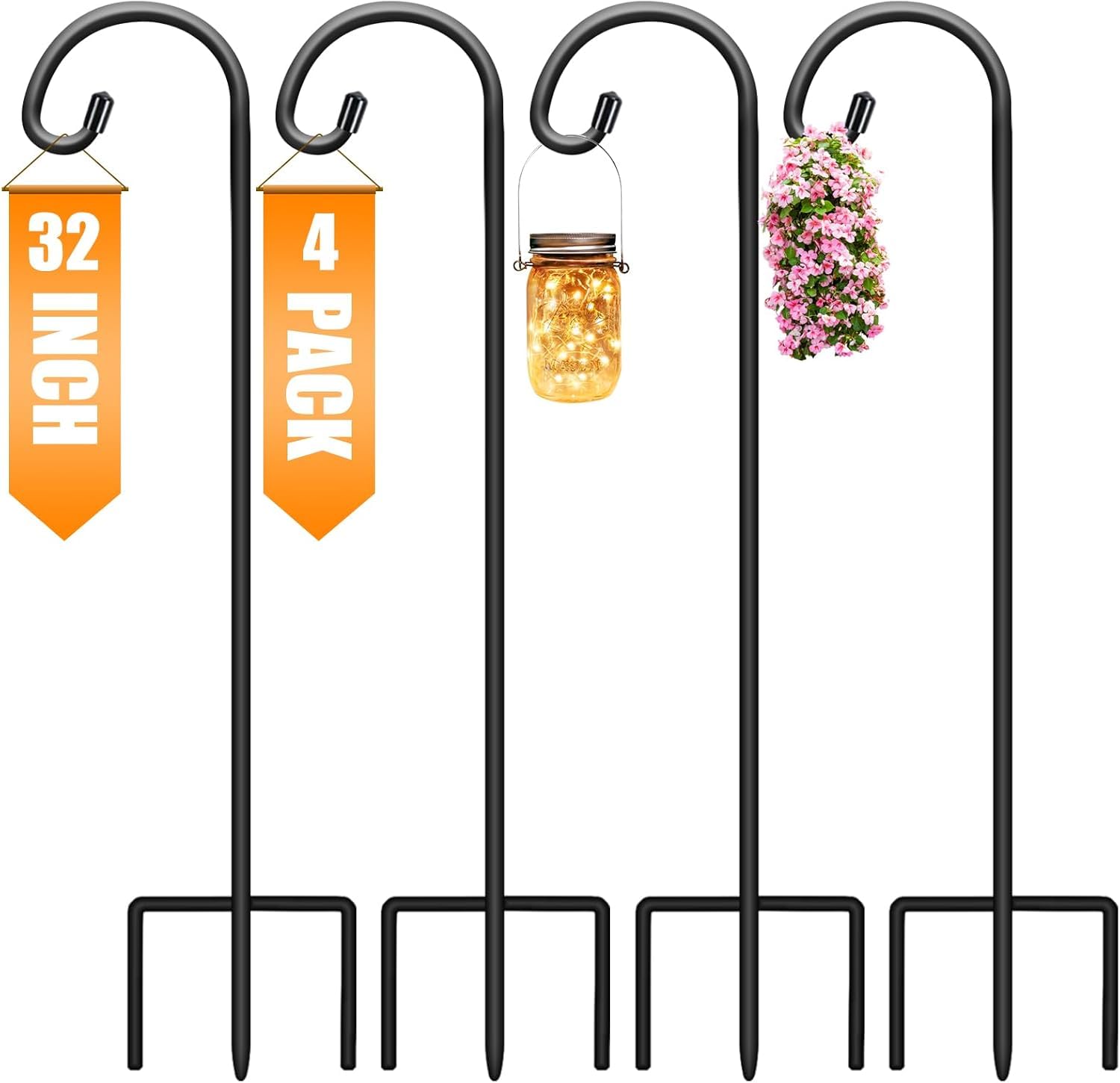 32 Inch Shepherds Hooks for Outdoor 4 Pack Garden Hooks for Hanging Plants, Lanterns, Bird Feeders, Solar Lights, Mason Jars, Weddings Decor, Adjustable, Matte Black